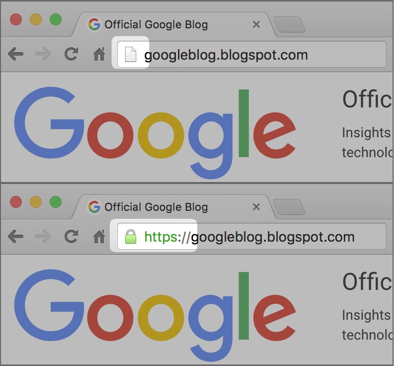 Пример отображения сайта в Google Chrome без SSL-сертификата (сверху) и с ним (снизу)
